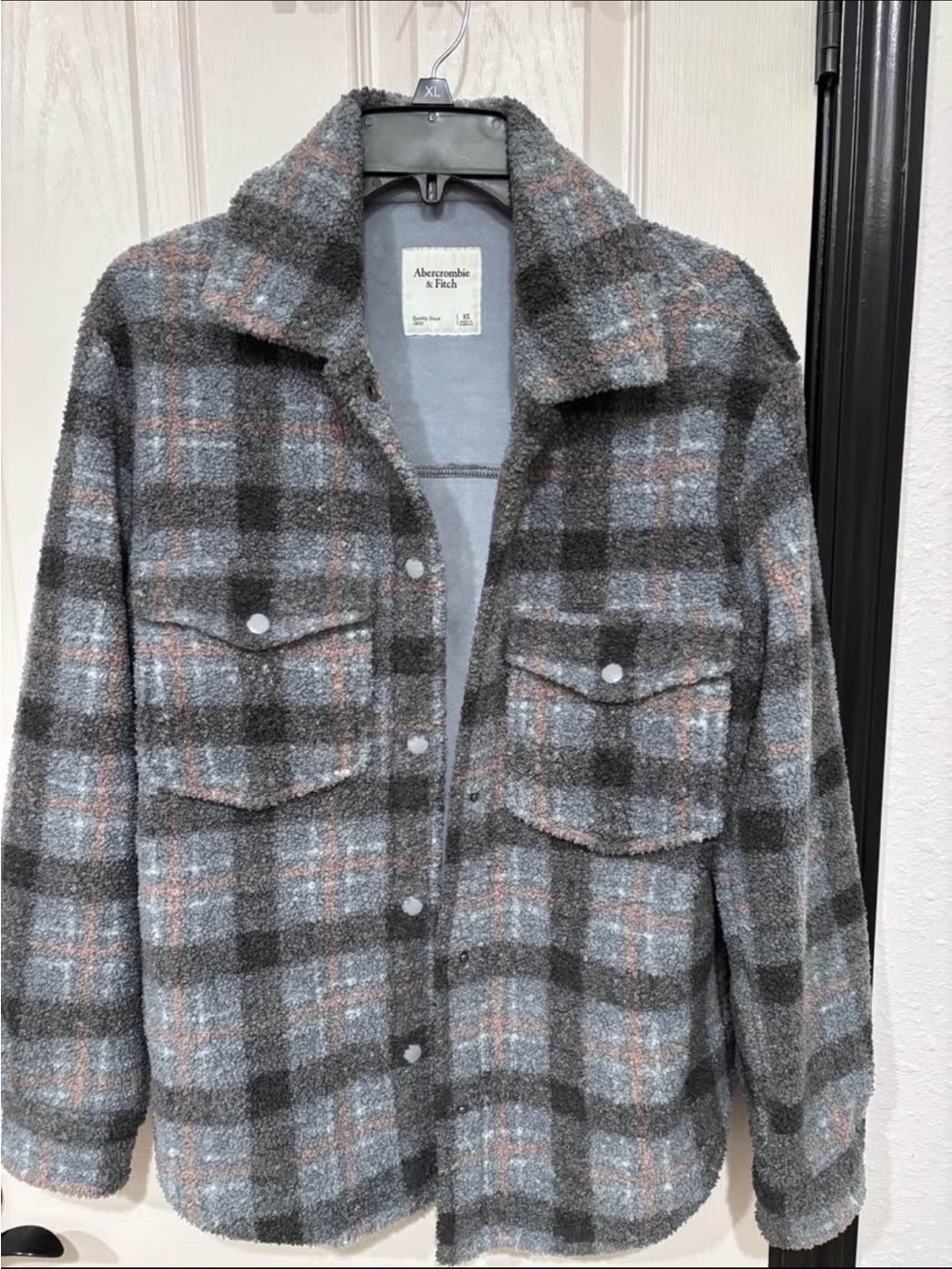Abercrombie & Fitch Gray, Black & Rust Plaid Sherpa Shirt Jacket